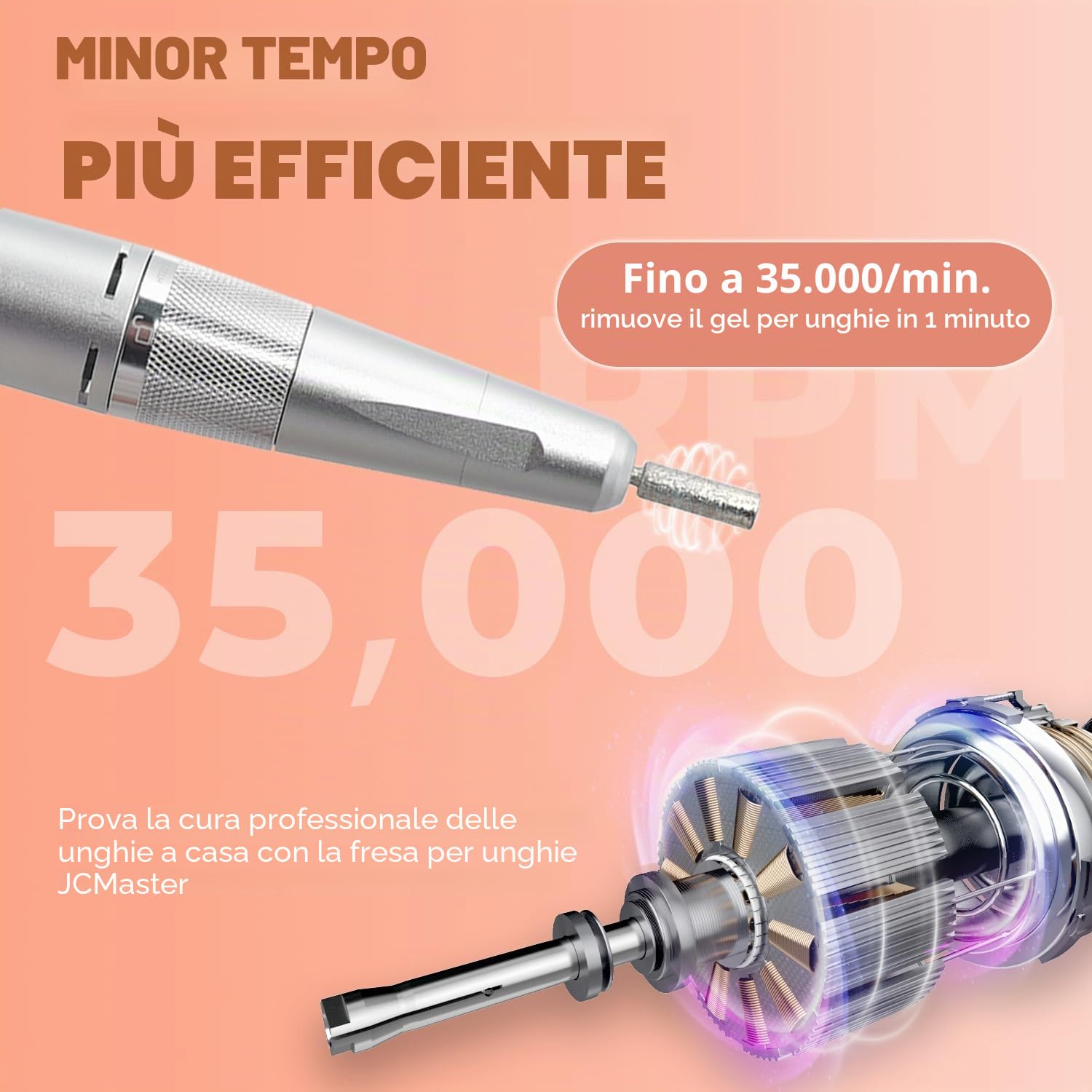 Fresa unghie professionale JCMaster, 35.000 U/min, lima elettrica portatile per unghie in gel e acrilico, batteria ricaricabile, incl. 12 punte, comando a pulsante.