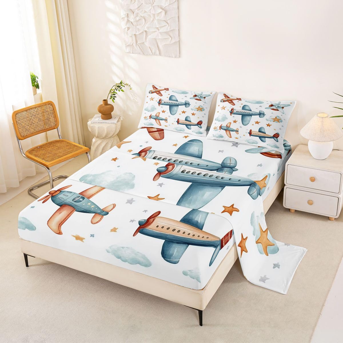 Homewish Zestaw pościeli do samolotu, podwójne prześcieradła z chmurą, gwiazdki, marzycielskie, ręcznie rysowane, zestaw prześcieradeł, śmigło, samolot, 4-częściowy