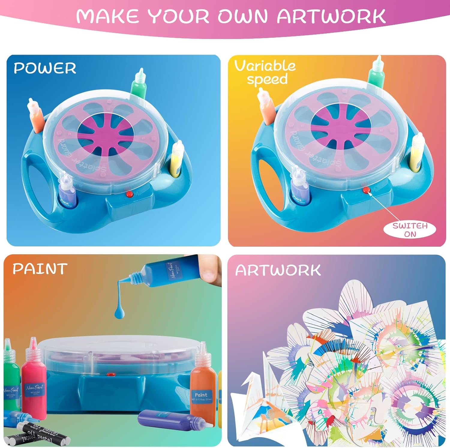 Spin Art Machine for Kids Ages 6-8,Adjustable Speed Arts&Crafts Paint Spinner Toy with Origami Artwork, Thicker Splatter Guard, Battery Operated Kids Crafts Kits, Gift Boys Girls