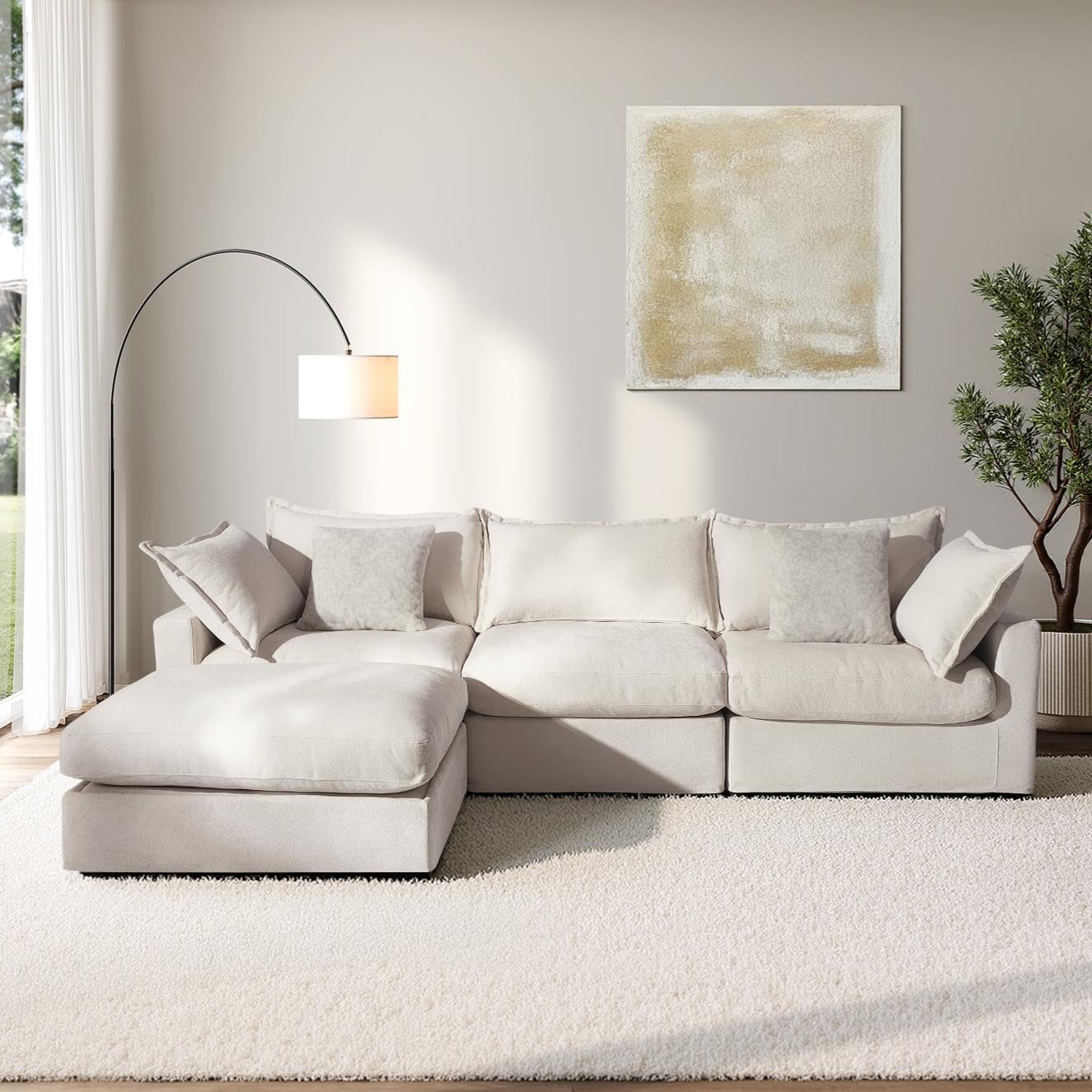 118.5" Modular Sectional Sofa, Down Filled Cloud Couch with Storage Ottoman, Oversized L Shaped Couch with 2 Pillows, 4 Seats Sectional Couches for Living Room Apartment, Beige