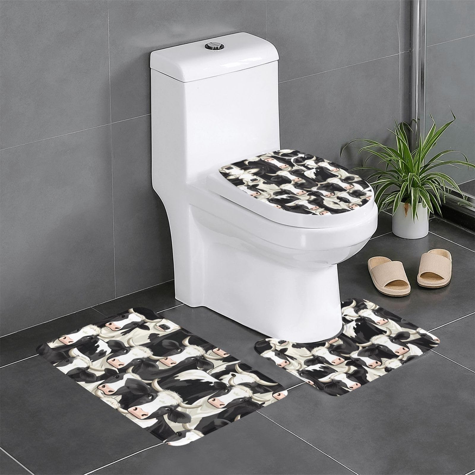 Tapis de salle de bain motif vache noir et blanc avec tapis de contour ovale WC