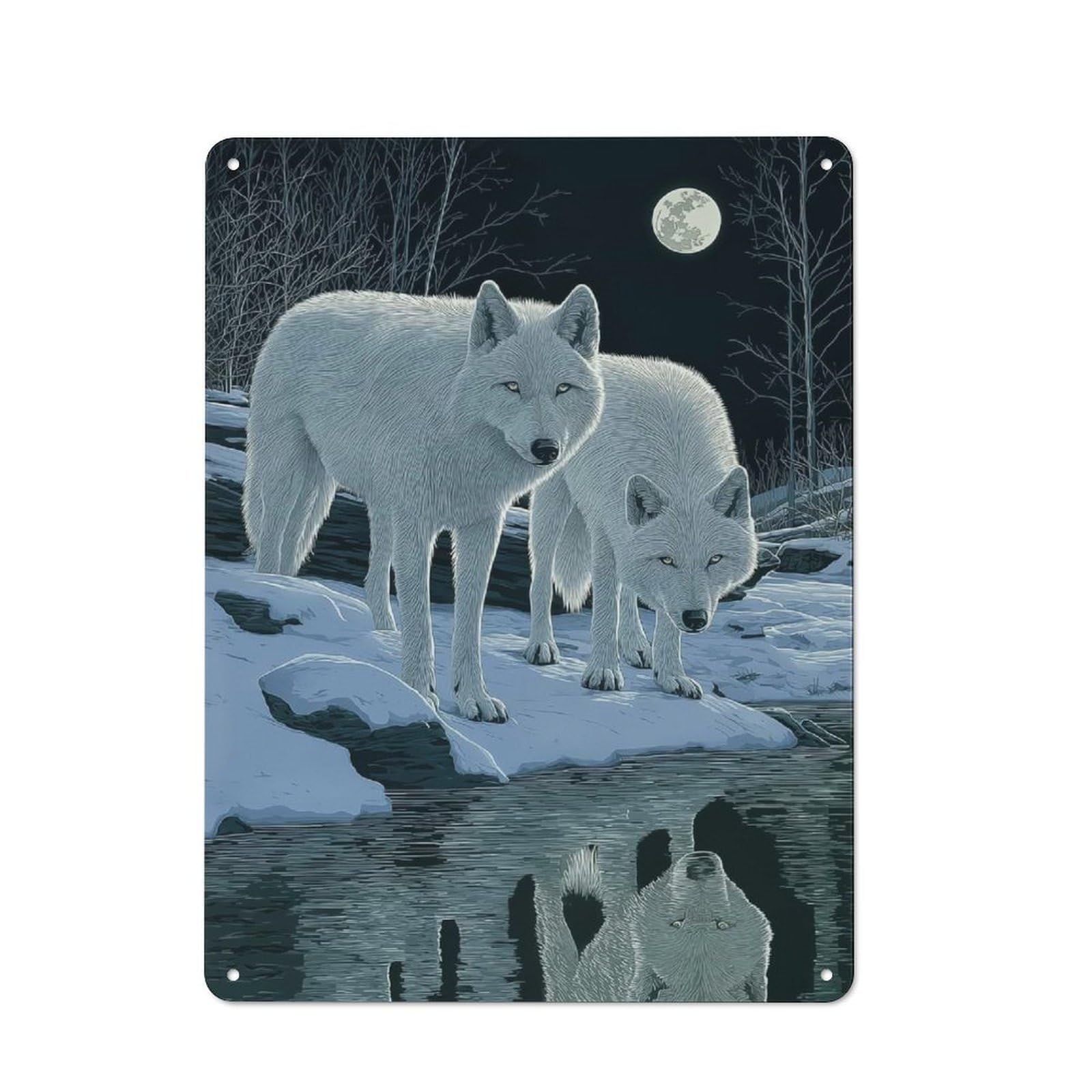 Junmoney Style-8 Country Metal Sign With Two White Wolves Under Moonlight Design 40X30cm, Barn Style Farmhouse Wall Decor For Farmhouse Kitchen, Pantry Or Dining Area