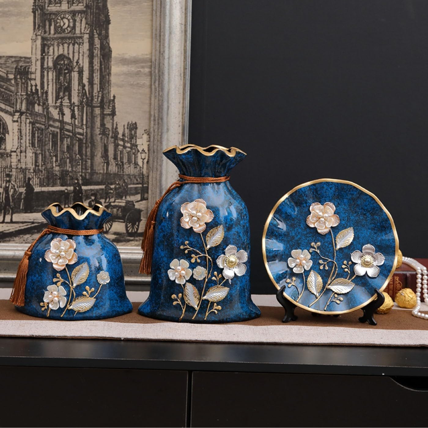 3Pcs/Set Ceramic Vase 3D Stereoscopic Dried Flowers Arrangement Wobble Plate Living Room Entrance Ornaments Home Decorations(F)