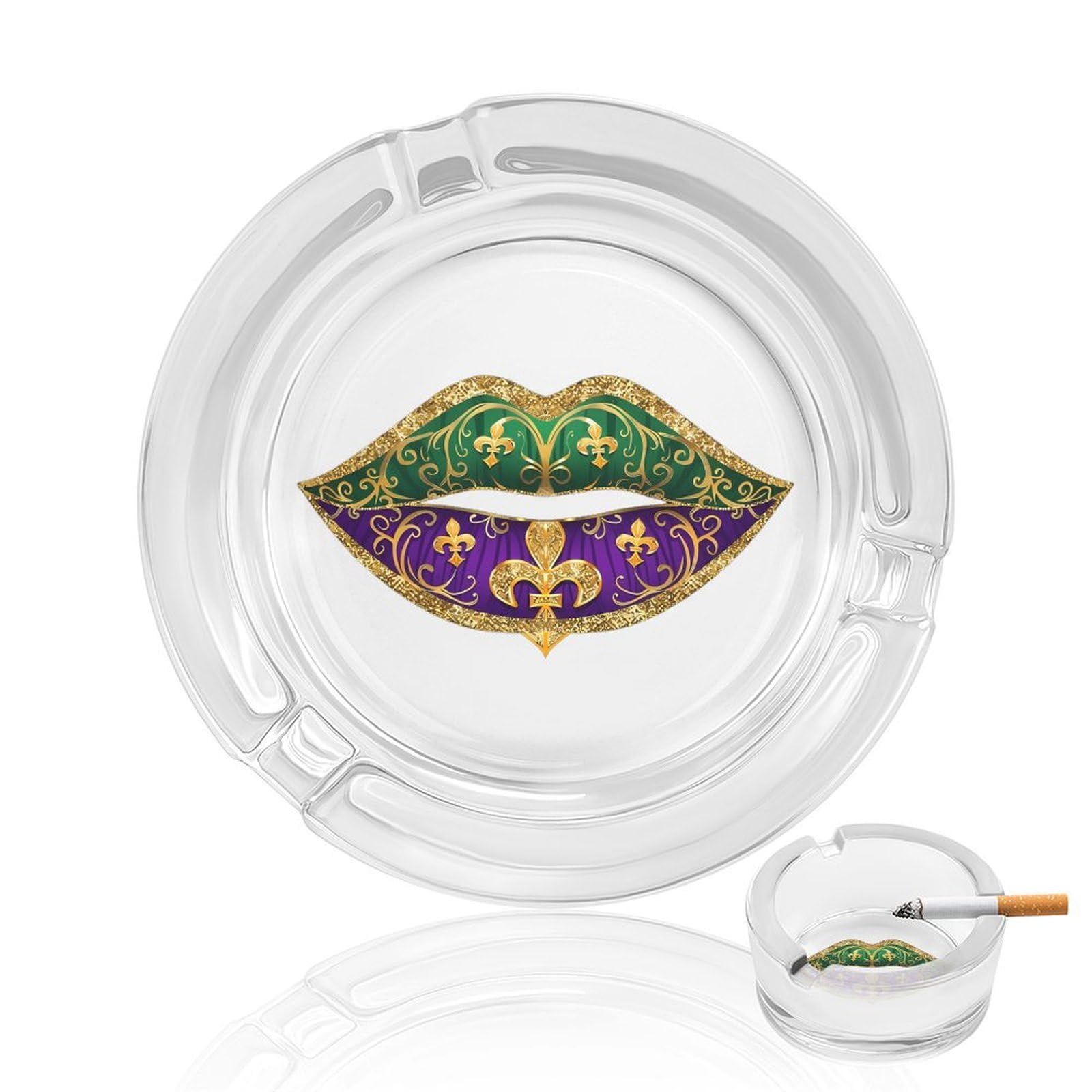Mardi Purple Green Lips Fleur-De-Lis Gras Ashtray Portable Round Glass Outdoor Ash Tray for Home Office Garden Pub
