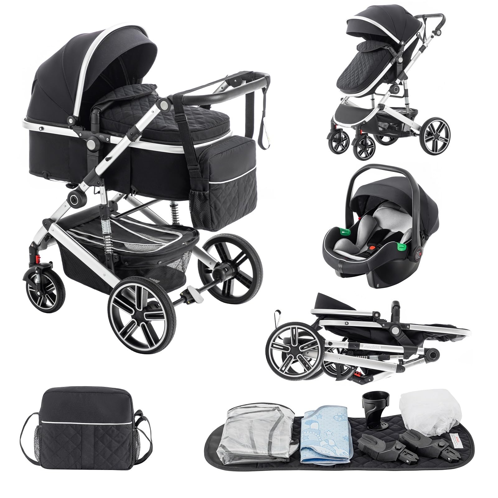 Lnhcrbs Baby Stroller in with Car Seat, Travel Stroller Frame is  Aluminium,with Sleeping Basket Clips, Baby Pram is Foldable, Rain Cover,  Mosquito