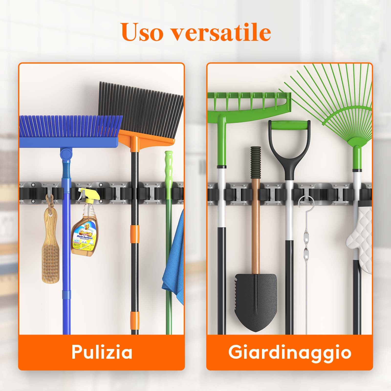 Lifewit Portascope da Muro Appendibile, Supporto Parete per Scopa e Materiali per la Pulizia, 5 slot 6 Ganci, Nero