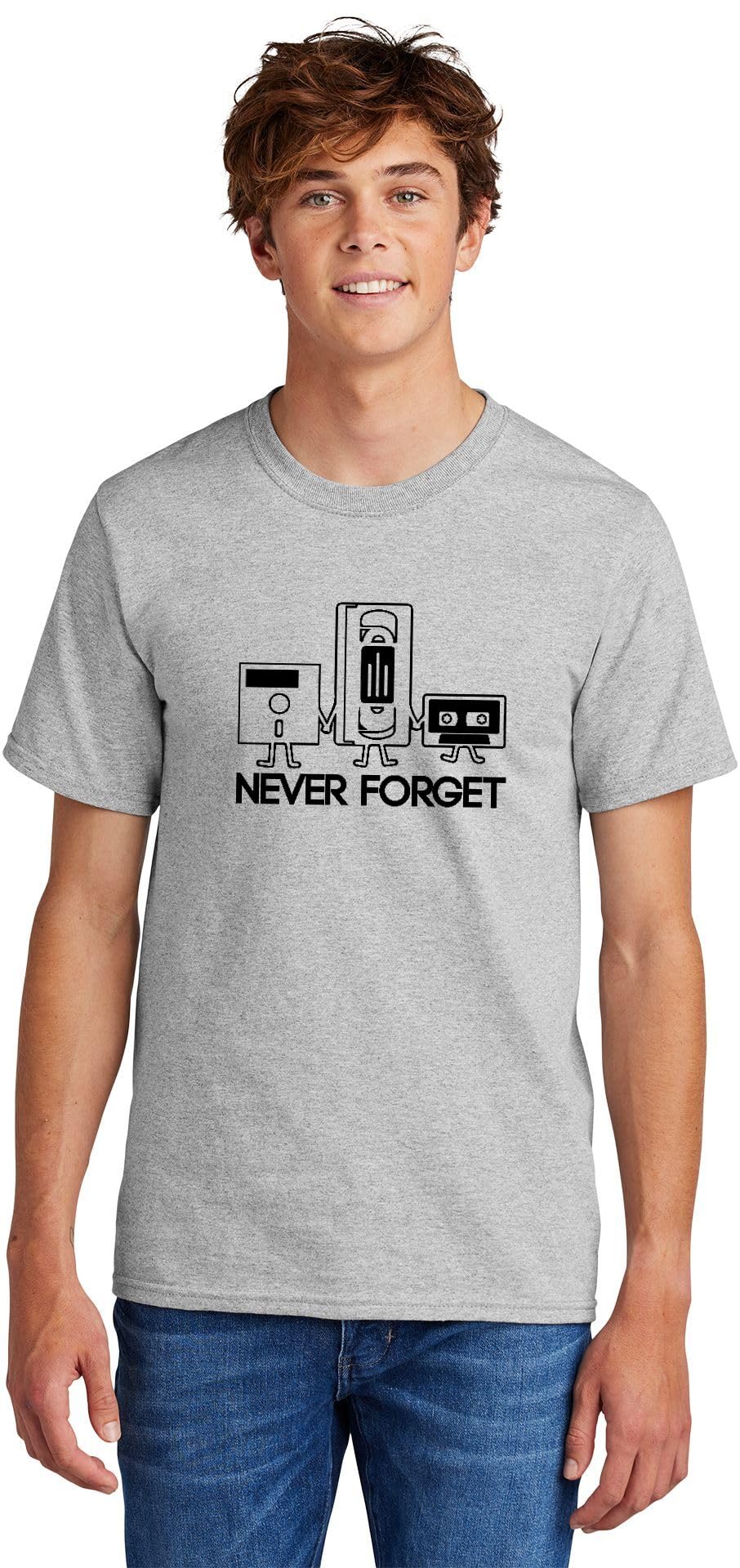 Men's Heavyweight Tee Never Forget Funny Shirt Floppy Disc VHS Cassette Tech Geek Tee Ash Grey XL