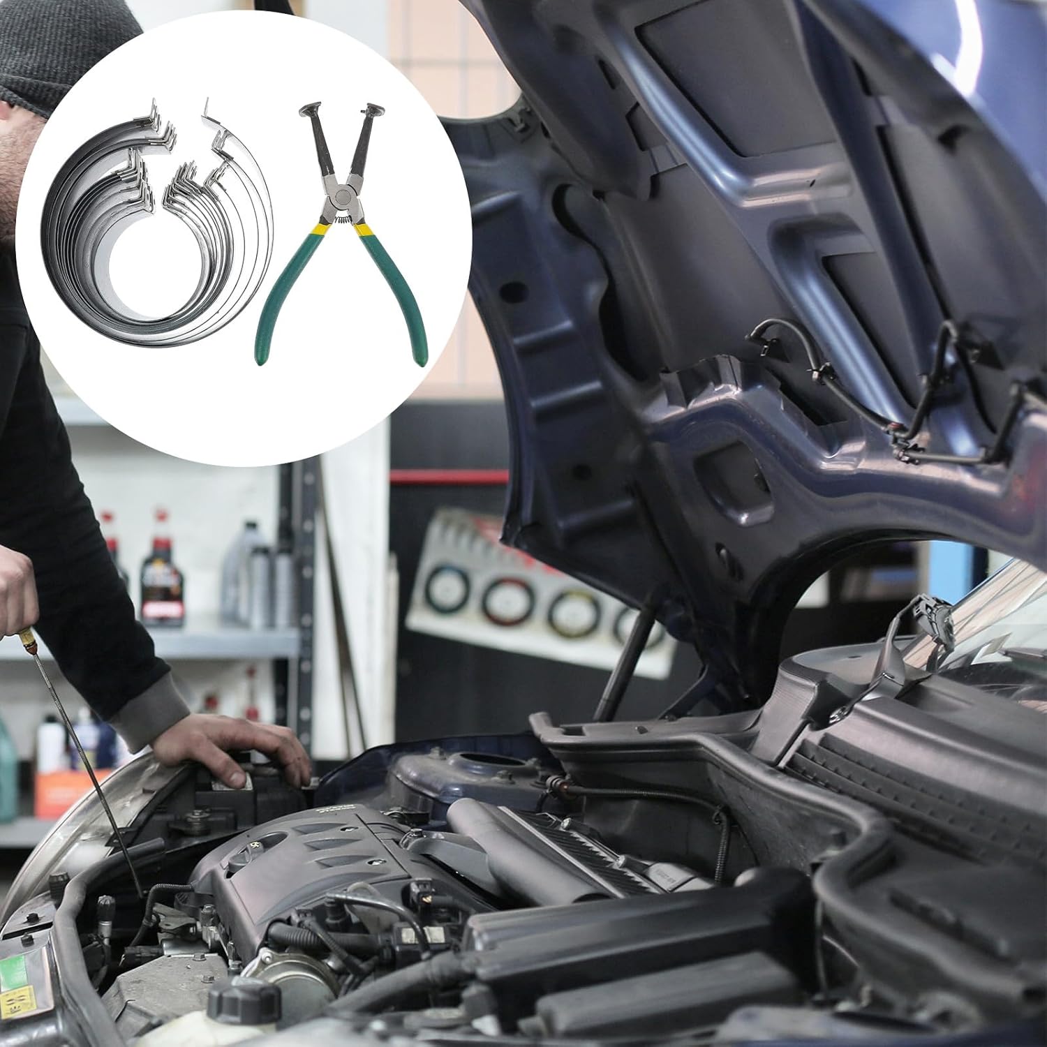 Piston Ring Compressor and Installer Tool Set with Demolition Pliers for Car and Truck Engine Cylinder Maintenance