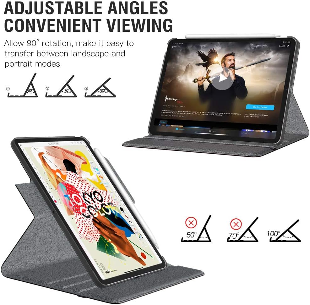 TiMOVO Case Fit New iPad Pro 12.9 Inch 2020 (4th Generation), 90 Degree Rotating Stand Leather Protective Cover, Smart Swivel Case [Support Apple Pencil Charging], Auto Sleep/Wake - Black