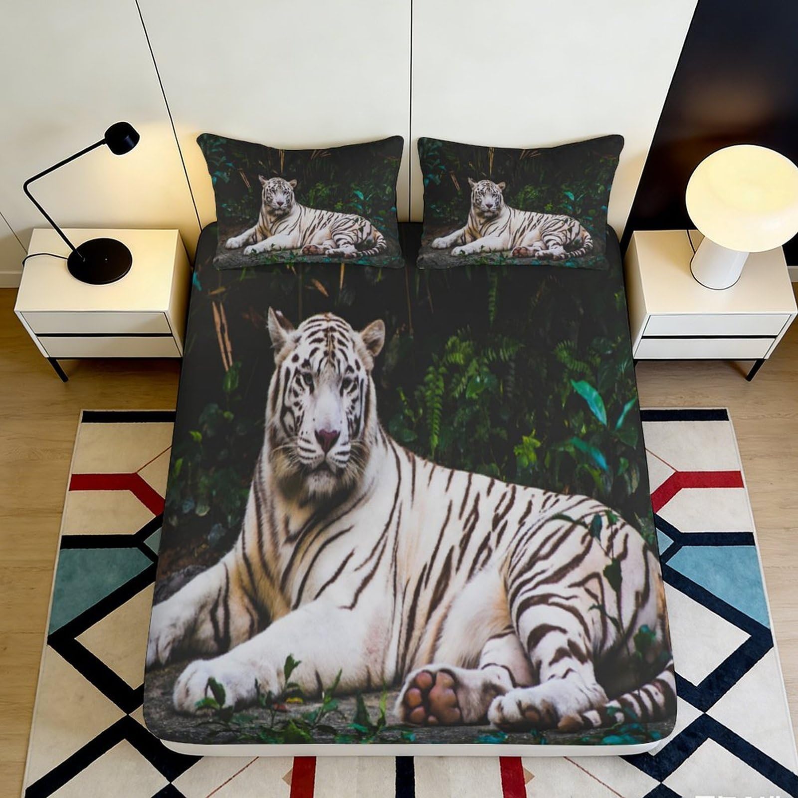 3D Printed White Tiger Jungle Fitted Sheet Microfiber Soft Anti-Slip Bed Cover for Bedroom Guest Room Decor 180x200x25cm