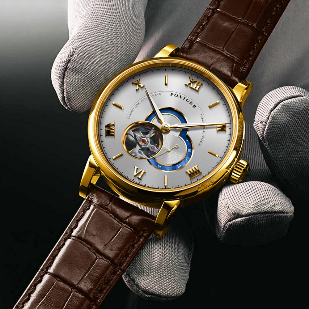 LOBINNI Herren-Armbanduhr, automatisch, mechanisch, modisch, wasserdicht, leuchtend, luxuriös, goldfarben, Lederarmband/Edelstahl