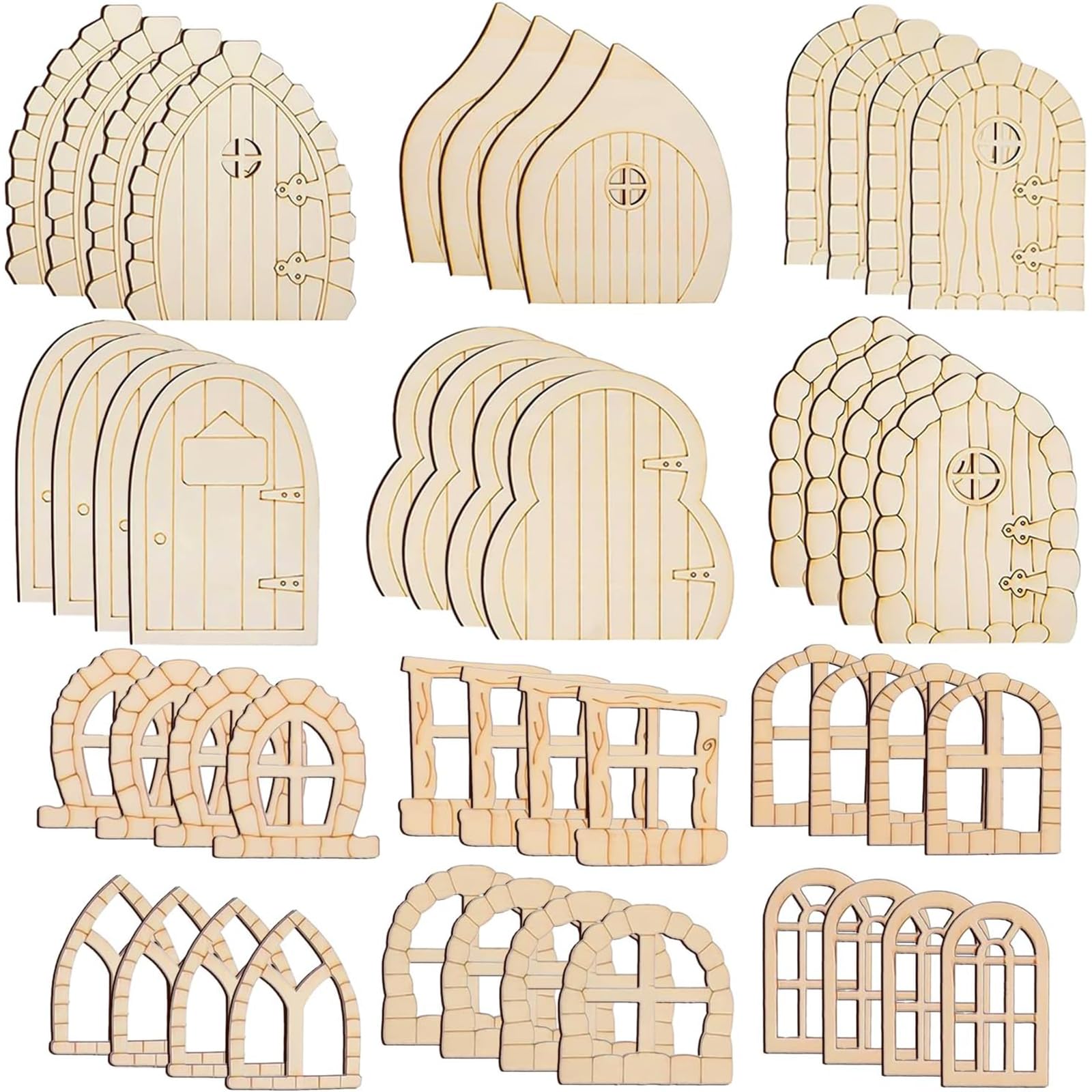 48Pcs fairy doors, unpainted wooden fairy doors for garden, DIY mini fairy garden kit, enchanted fairy garden accessories for garden trees for home office birthday wedding party decoration antique