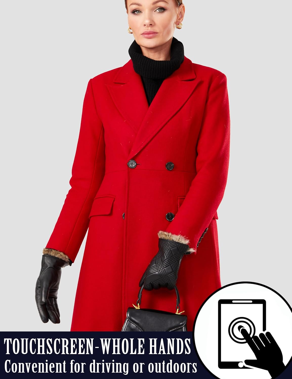 Winter Gorgeous Leather Gloves for Women Warm Cashmere Lined Rabbit Fur Cuffs Touchscreen Texting Driving Gloves - Image 3