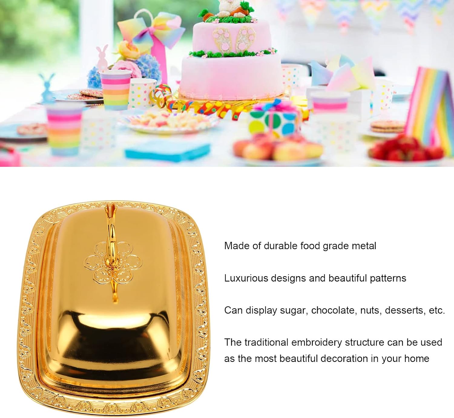 Stainless Steel Serving Tray with Lid for Fruit Desserts Snacks Candies | Serving Platte with Swan Handle Lid for Home Wedding Party Gatherings Dinners, Small Fruit Tray, Gold, 7.5"x 5.5"