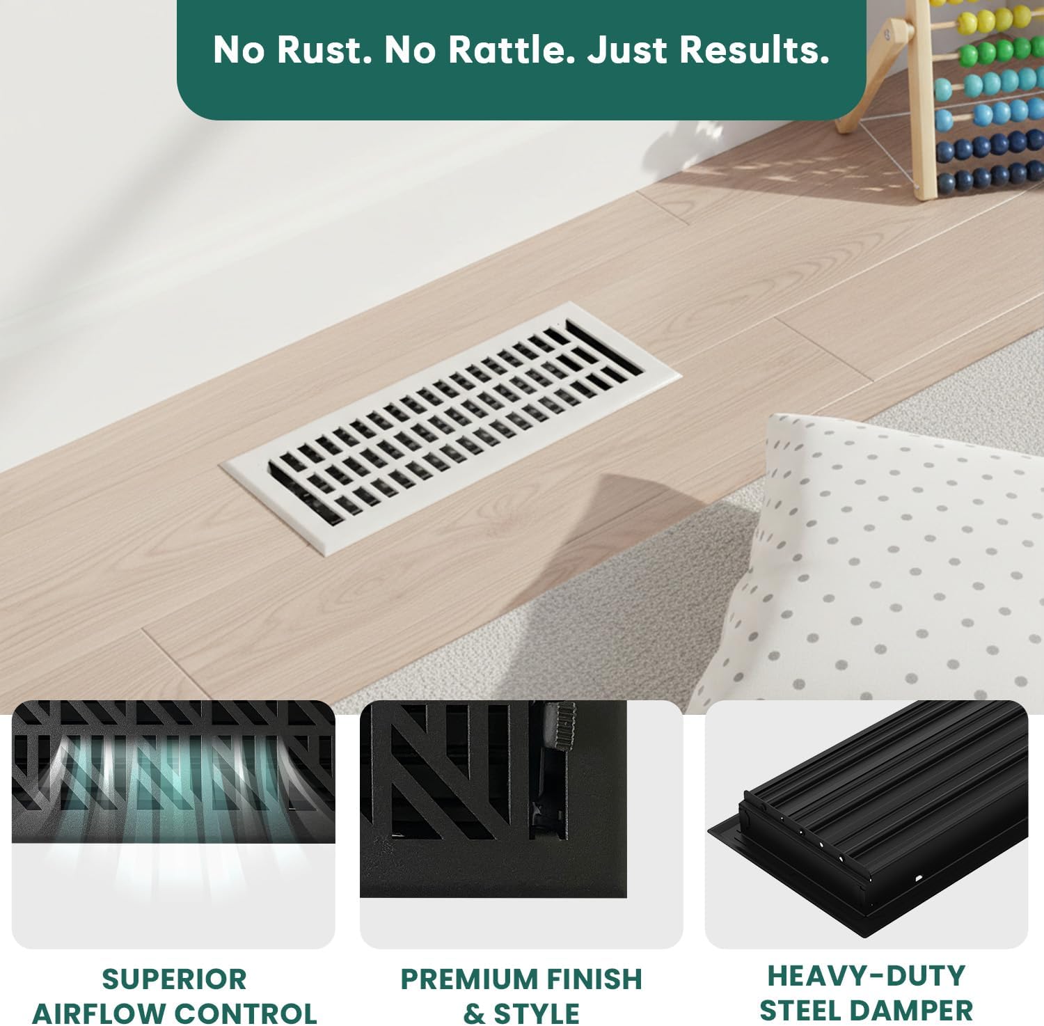 Empire Register Co, Premium Home Vent Covers - 4x12 inch, Art & Craft Design, White Finish, Heavy Duty Air Flow Direction Floor Registers, Metal Damper Attached