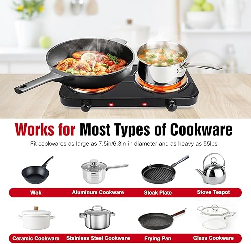 Miniatura 3 de Placa eléctrica de 2000 W, estufa eléctrica portátil para encimera, quemadores de bobina doble con control dual y control de temperatura de 5