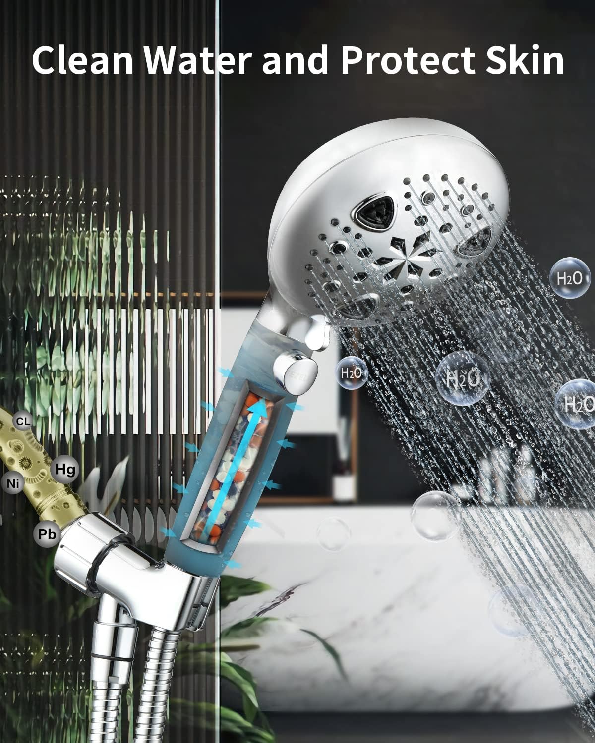 Shower Head, Ezelia Filter Handheld Shower Head with 9-mode for Dry Skin & Hair with Removable High Pressure Filter Nozzle to Clean Tile, Tub, & Pets