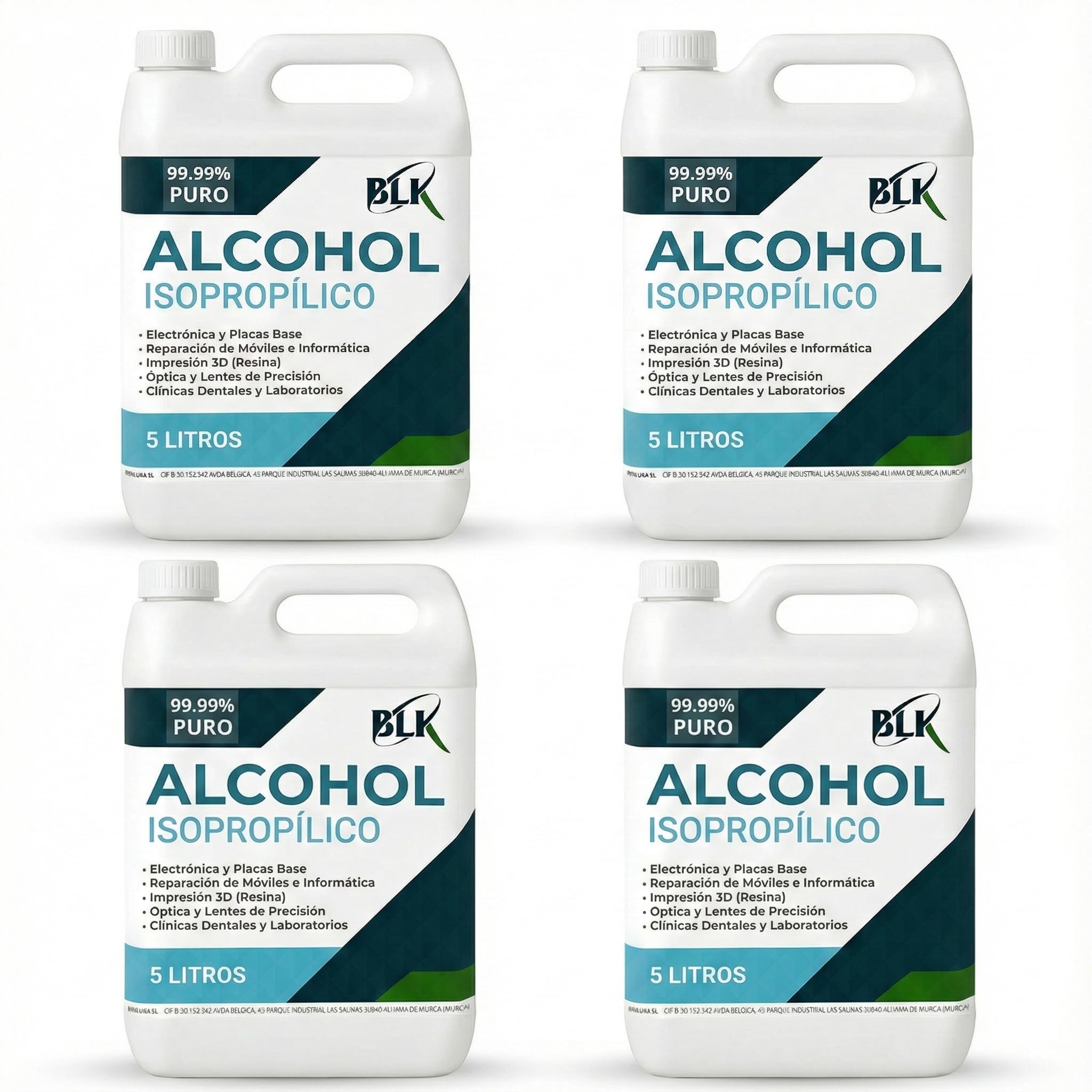 IBERLUKA S.L. Alcohol Isopropílico 4 x 5L (20L en total), Limpiador Dieléctrico para Componentes Electrónicos, Pantallas, Lentes y Ópticas, Compatible con Impresión 3D (4x5L)