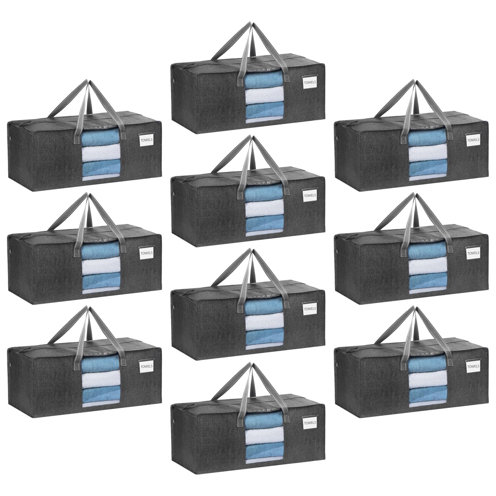 VENO Pack of 10 Extra Large Moving Bags with Strong Handles and Zippers, Foldable Storage Bag, Clothes Storage, Laundry Bags for Moving, Travel, Camping (Grey Window, Pack of 10)