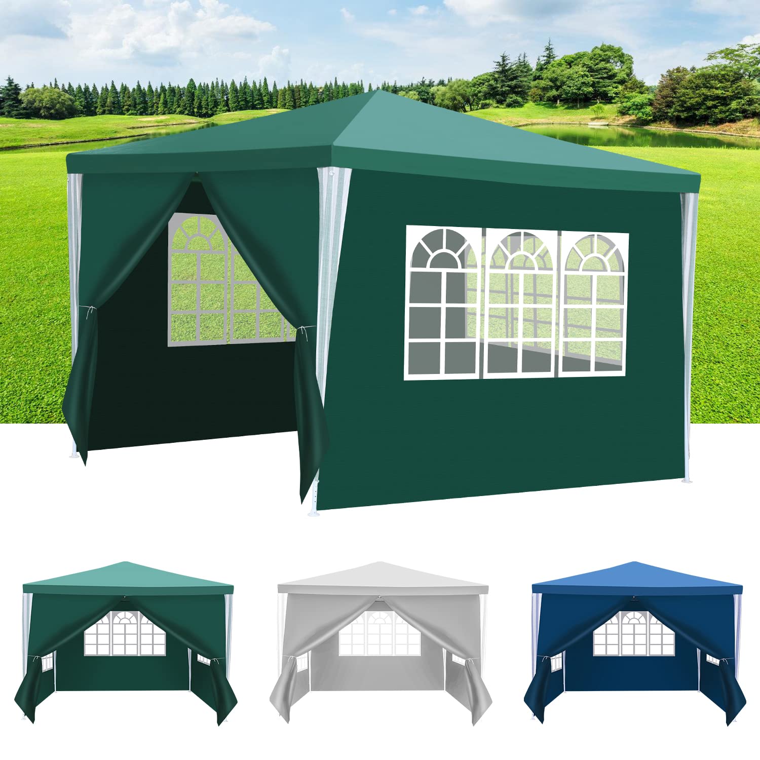 Tonnelle de jardin étanche, 3 x 3 m, avec 4 parois latérales et fenêtres, protection anti-UV 50+, tente de réception pour fête, stand de marché, festival, marché aux puces et camping, vert