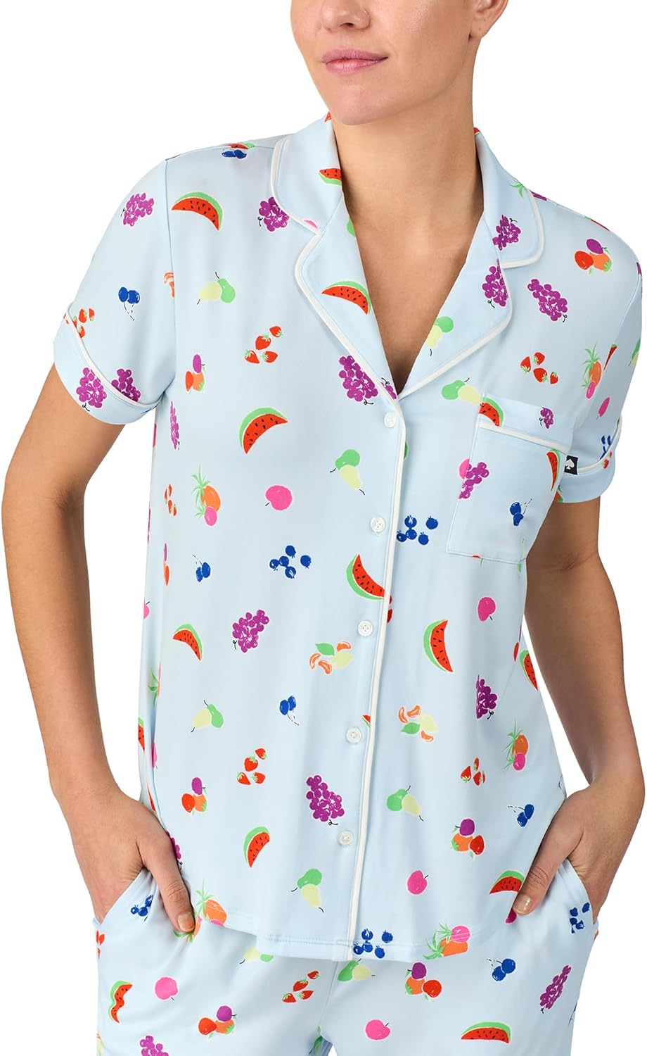 kate spade new york Pajamas for Women 2 Piece Set - Comfy Recycled Poly Jersey Notch Collar Short Sleeve Button Top & Elastic Waistband Cropped Pants, Blue Summer Fruit Mini, Large