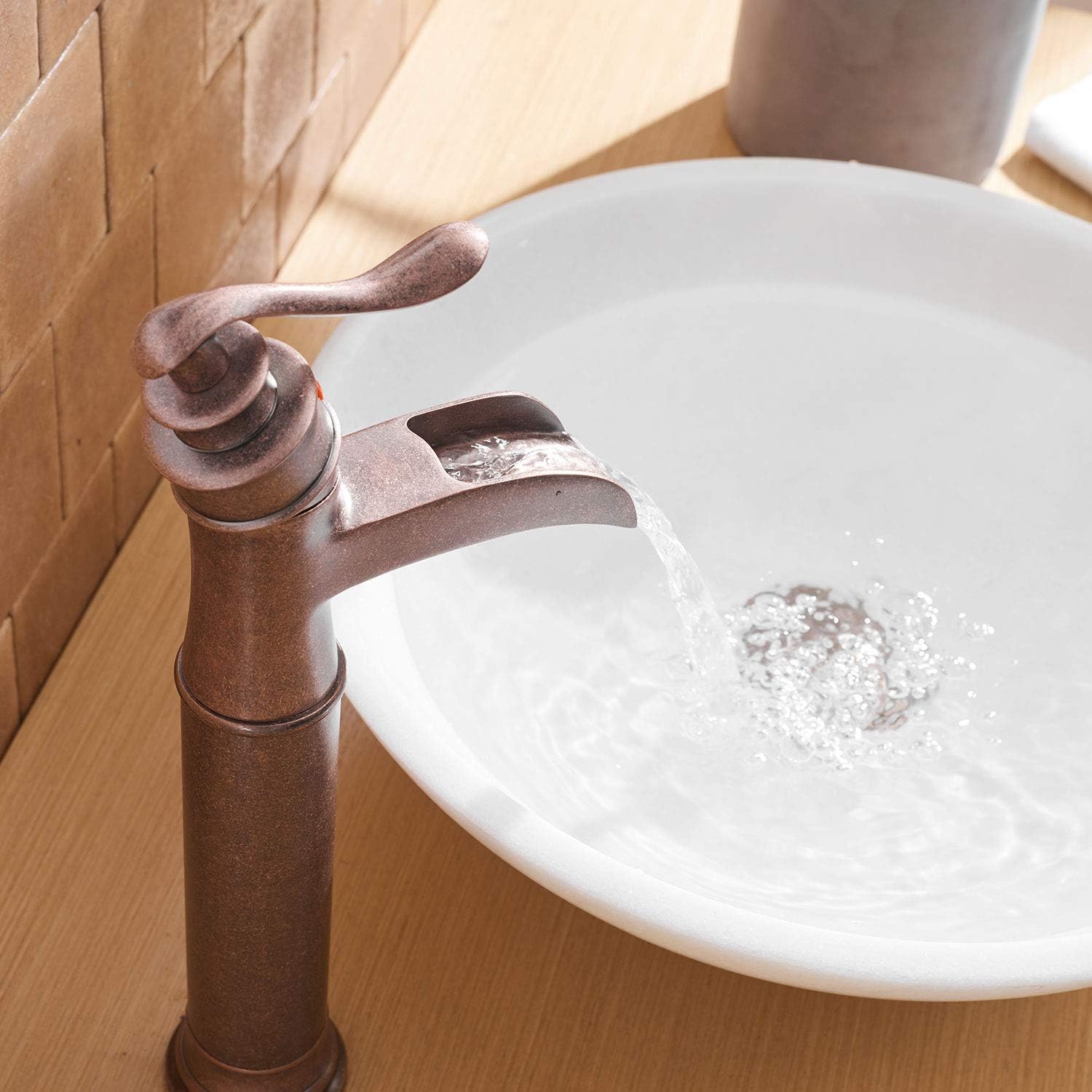 Best Cyber Deals 🔥 Copper Bathroom Vessel Sink Faucet Tall Waterfall Antique Single Hole Farmhouse with Pop up Drain Assembly Mixer Tap Without Overflow Counter Top Lead-Free