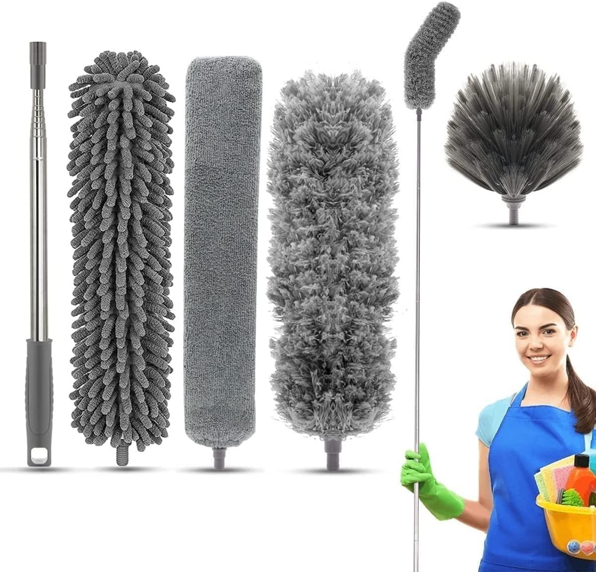 DOEASY Microfiber Feather Duster for Cleaning 5 in 1 Bendable & 100inch Extendable Duster Set with Washable & Telescoping Handle for Dusting Ceiling Fans, Blinds, Furniture, Baseboards & High Corner-image-48