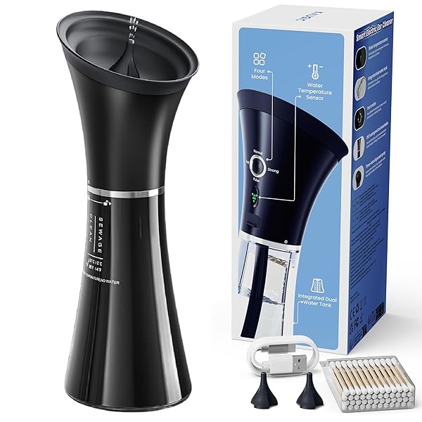 Upgraded Ear Wax Removal with One-Piece Waste Tank, Safe Cleaner with Water Temperature Sensor, Effective Ear Irrigation Kit & USB-A to C Cable, IPX7, Black