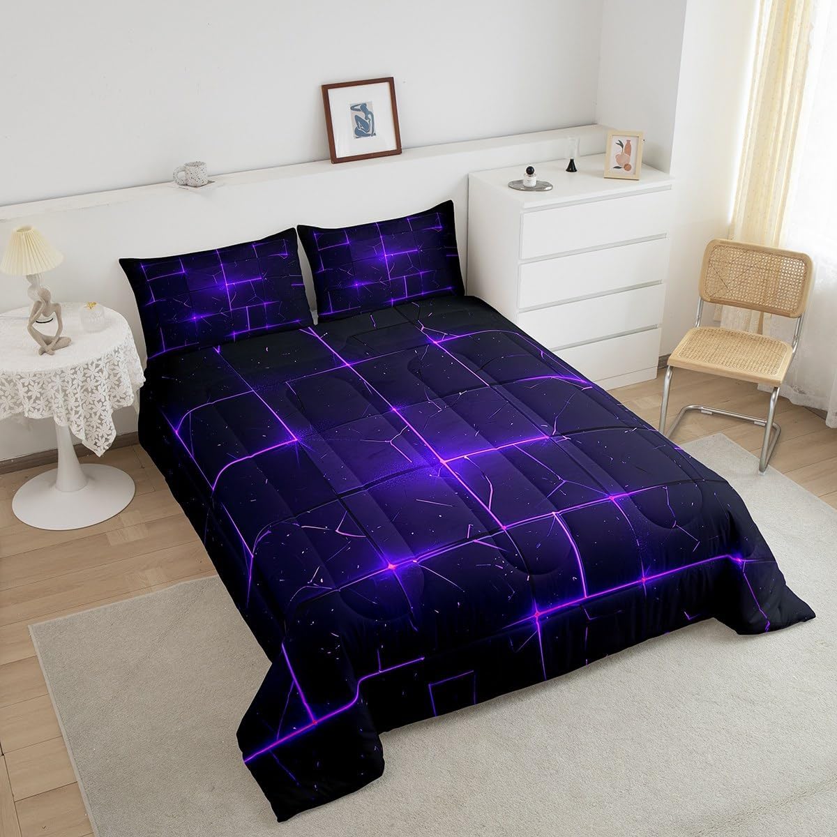 Purple Black Geometric Full Size Comforter Set,Abstract Geometric Bedding Set for Adults Teens,Children Modern Fashion Comforter Luxury Video Games Neon Quilt Set Room Decor 3Pcs