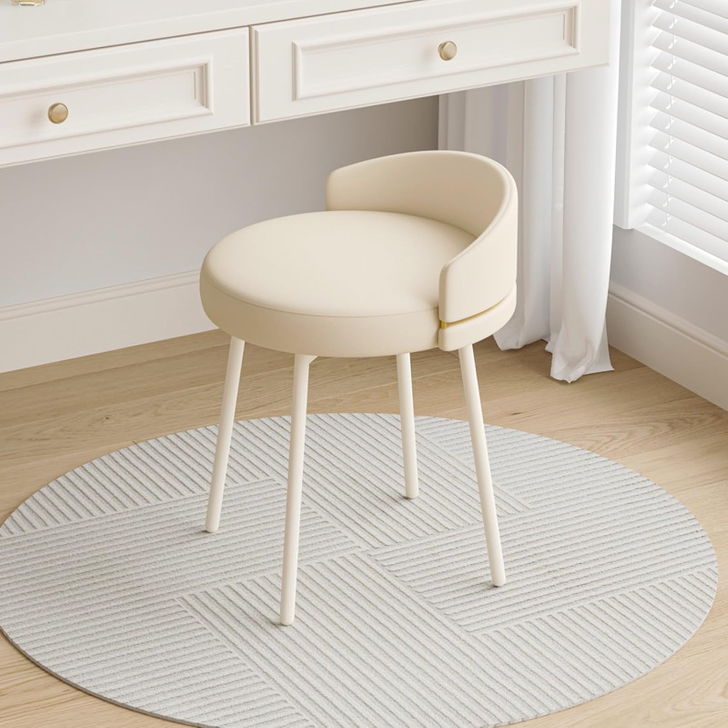 Modern Vanity Chair No Wheels, Mid Century Modern Faux Leather Armless Chair Upholstered Swivel Chair with Metal Legs for Living Room Bedroom, White