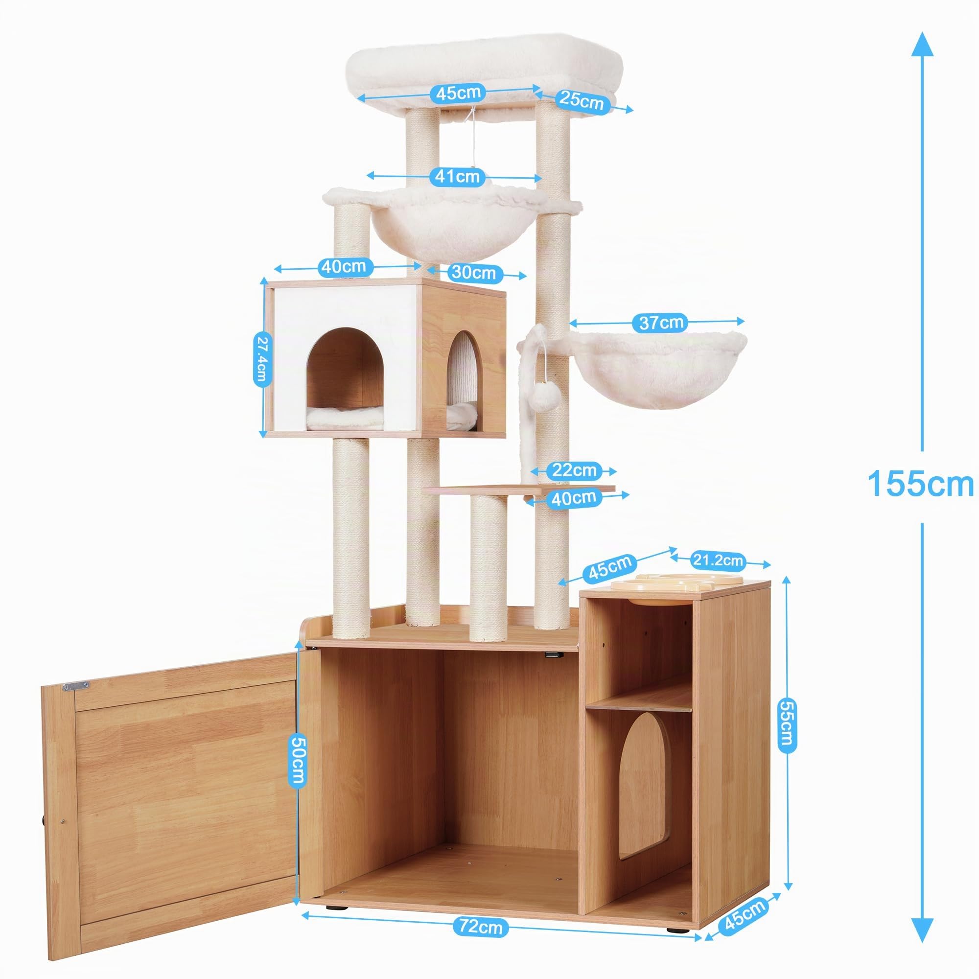 Hey-Brother Arbre pour Chats avec Bac à Aable pour Chats, Arbre à Chat de Style Moderne, Equipé d'une Grande Plateforme, d'un Plateau d'alimentation et de Deux Hamacs, Noyer EMPJ115WB