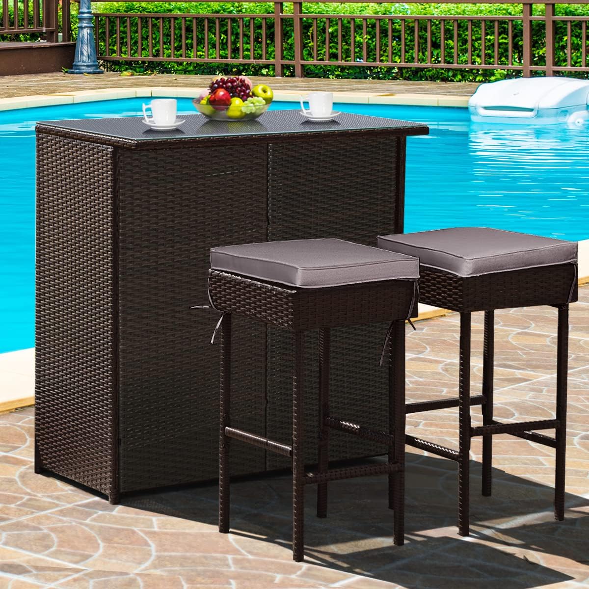 COSTWAY 3PCS Patio Wicker Bar Table Set, Outdoor Rattan Table with Tempered Glass Top and Storage Shelf, 2 Bar Stools with Cushion for Poolside Backyard Deck (Grey & White)