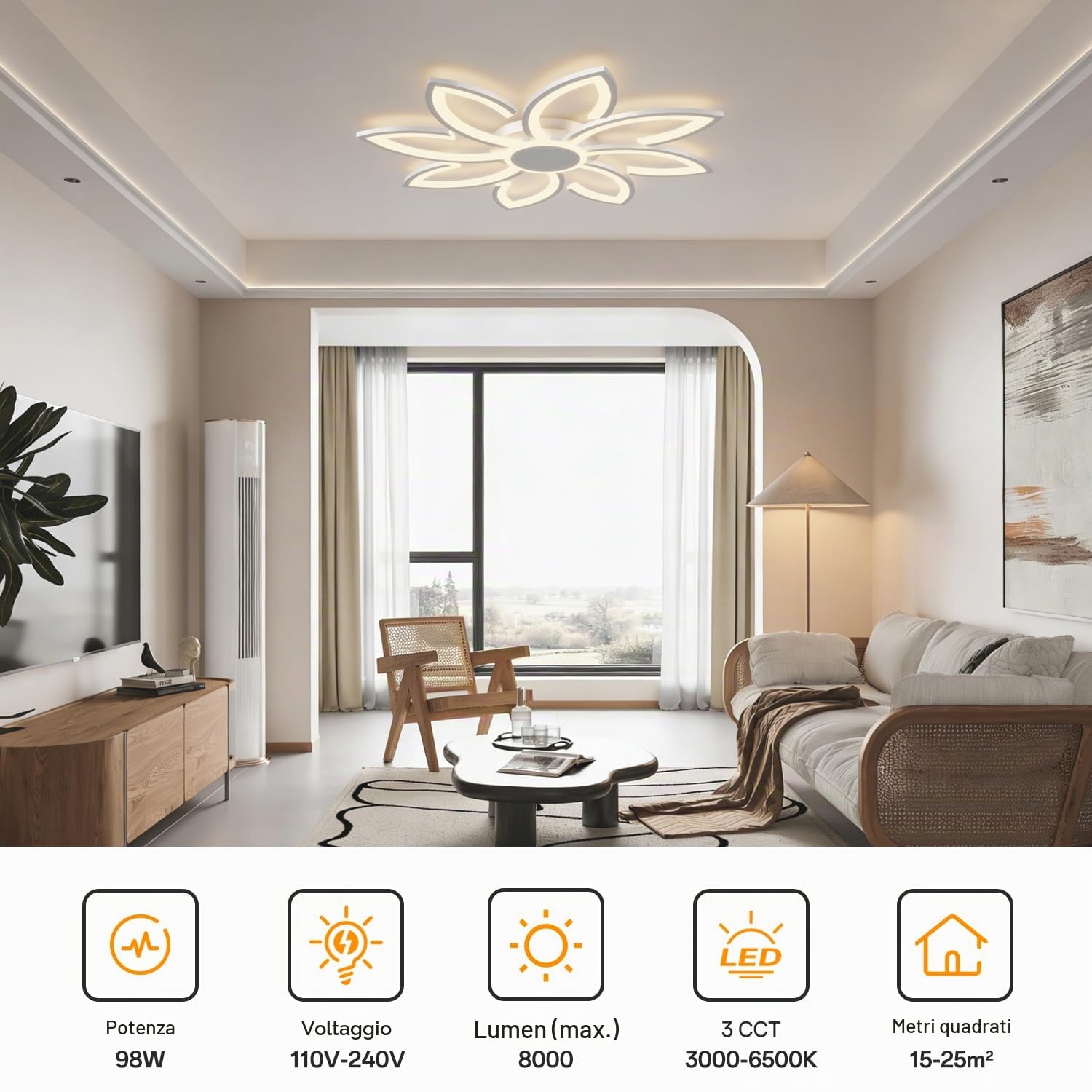 Plafoniera LED Soffitto Smart 80cm, Lampadario Moderno Design a Fiore Dimmerabile Compatibile con Alexa/Google Home, Luce con App/Telecomando per Salotto e Camera, 3000K-6500K, Bianco