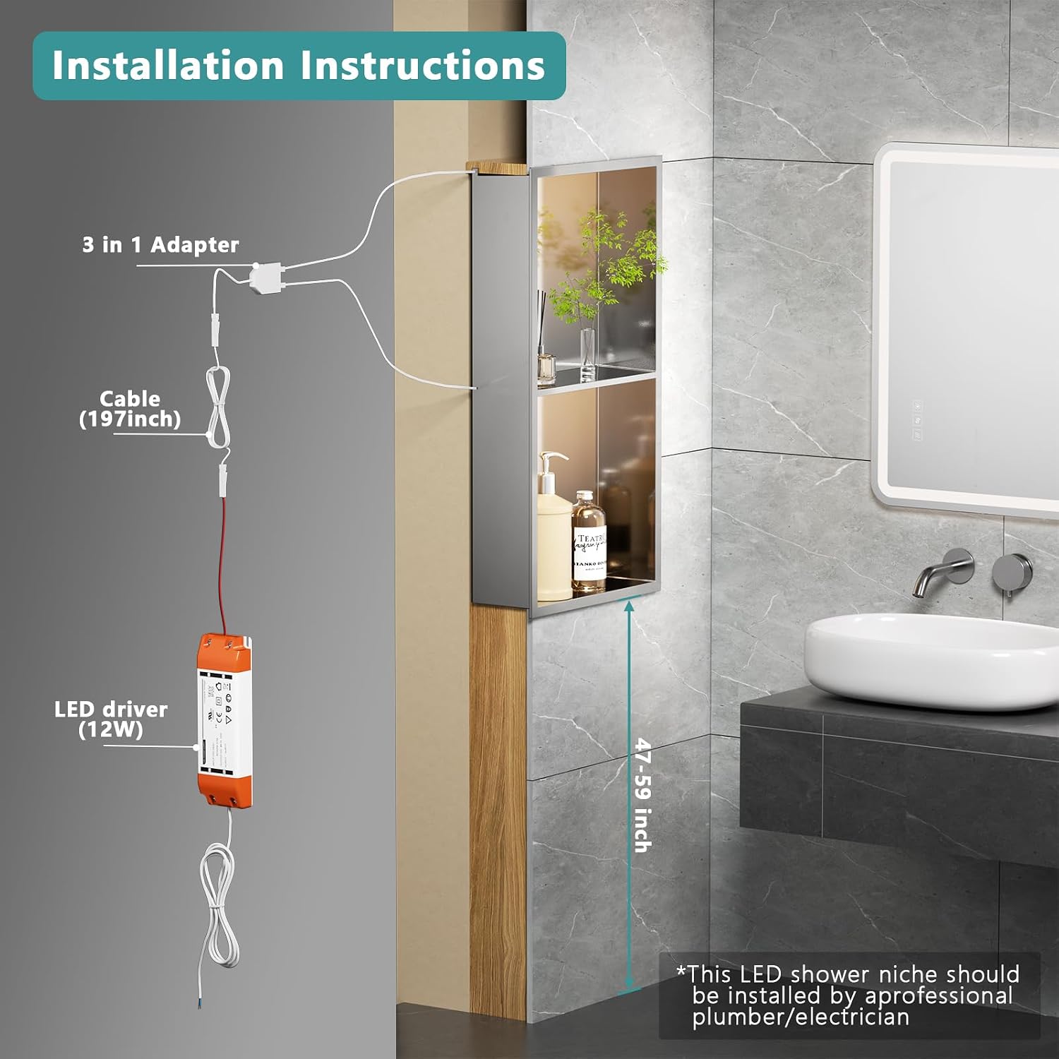 Bathroom Recessed Shower Niche with LED - Stainless Steel Wall Niche with Double Shelves, 12"x24"x4", Brushed, Horizontal or Vertical