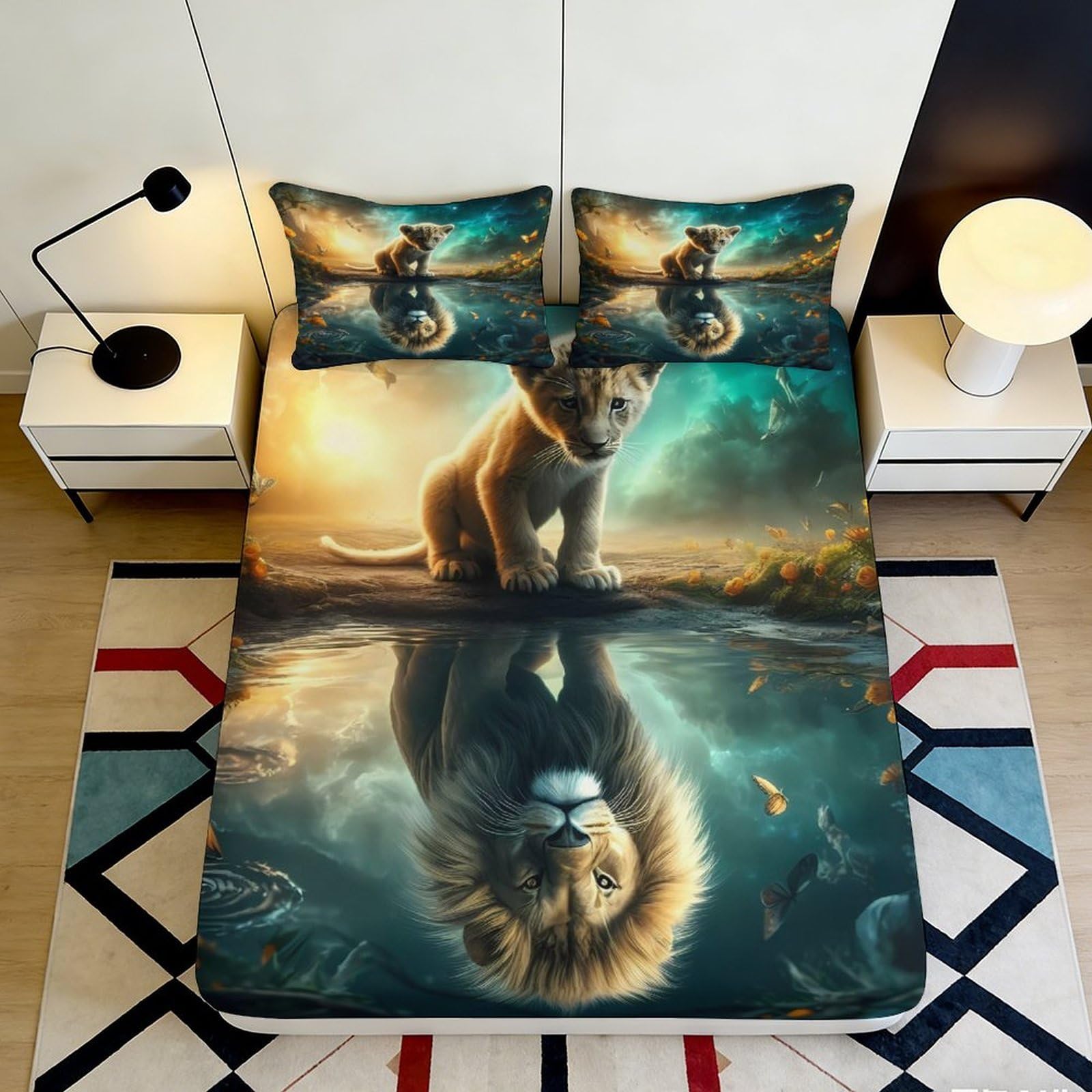 3D Printed Lion Reflection Fitted Sheet Microfiber Soft Anti-Slip Bed Sheet for Bedroom Dorm Artistic Decor 90x200x25cm