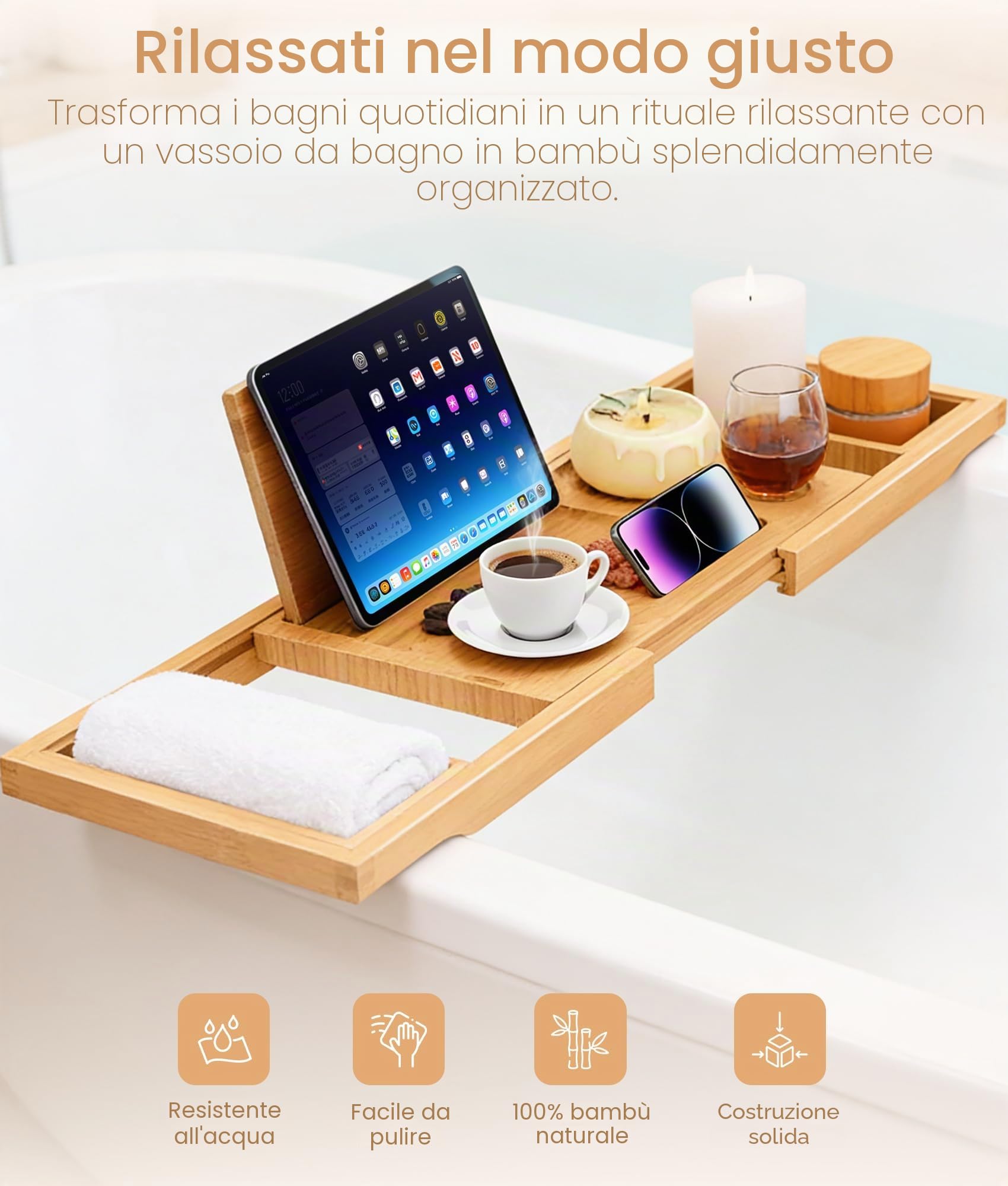 ADOV Vassoio da bagno estensibile in legno di bambù con supporto integrato per libri, telefono, tablet, candele, sapone, asciugamani, bicchieri da vino, regolabile, adatto alla maggior parte delle
