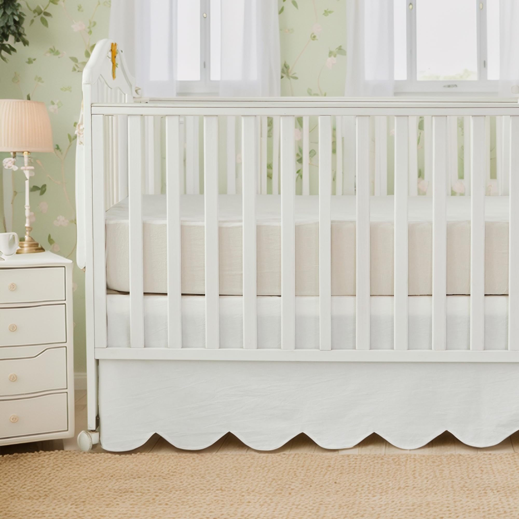 Brandream Scallop Edge Organic Cotton Crib Skirt, Baby Boy, Baby Girl, Gender Neutral Crib Skirt Toddler Bedskirt Farmhouse Chic Nursery Crib Bed Skirt, Boho Bohemian Solid Cream White Skirt