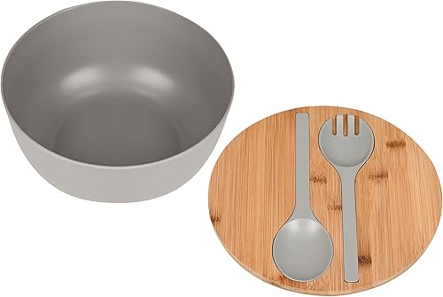 Miniatura 2 de Juego de Ensaladera de Fibra de Bambú con Servidores Grande de 9.8 Pulgadas, Ensaladera Natural de Bambú con Servidores con Tapa, Cuchara y Tenedor