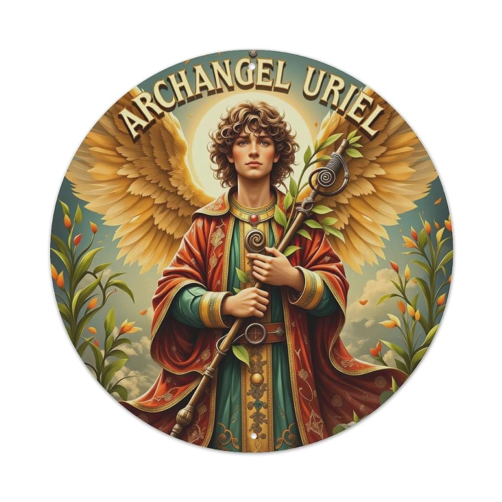 Archangel Uriel Winged Staff Garden Metal Tin Sign
