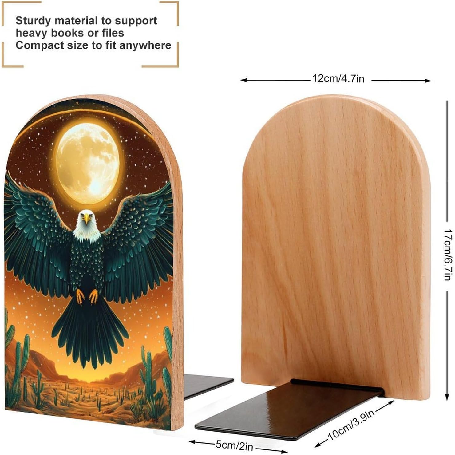 Ea-gles Sun and Desert Cute Wood Book Ends Decorative Bookends 1 Pair Non-Skid for Shelves Home Office 7 X 5 Inch