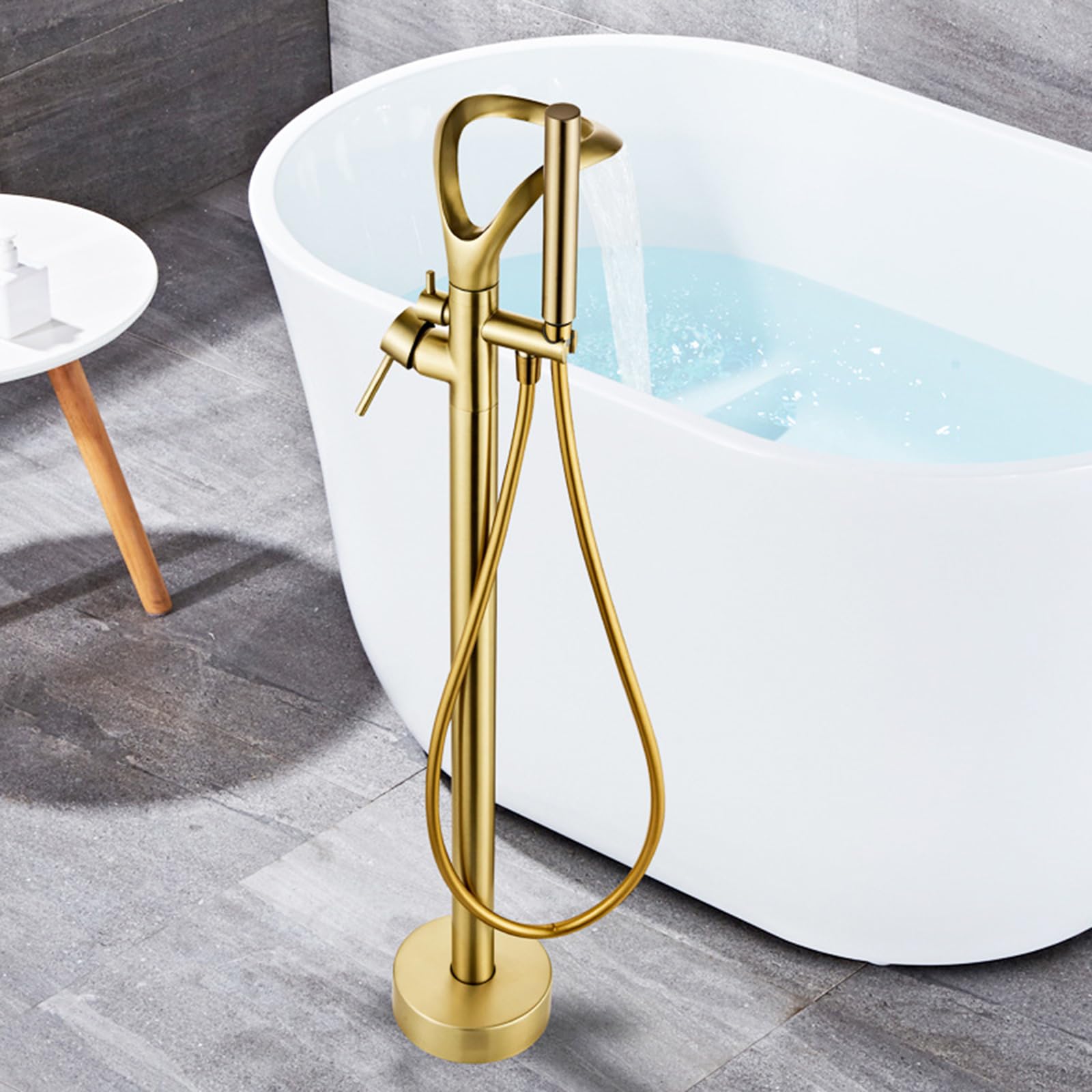 Rubinetto Vasca da Bagno da Terra con Doccetta 360° Rotazione Miscelatore a Cascata per Vasca da Bagno 2 Modalità,Oro Spazzolato