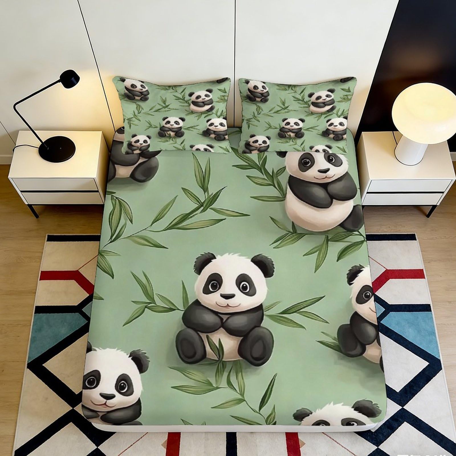 3D Printed Cute Panda Fitted Sheet Microfiber Soft Green Bamboo Mattress Cover for Bedroom Dorm Guest Room Decor 90x200x25cm