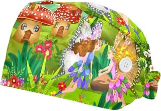 Flying Fairies Mushroom Houses Colorful Flowers Magic Landscape 2 Pack Adjustable Working Cap with Buttons Elastic Bouffant Hats Head Scarf with Sweatband for Women Men