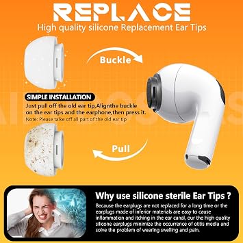 Inesore 4 Pairs Replacement Ear Tips for AirPods Pro 2nd/1st (White) | with Noise Reduction Hole & Built-in dust Guard Screen,Silicone,with Portable Storage Box & Cleaner Pen,4 Size (XS/S/M/L)