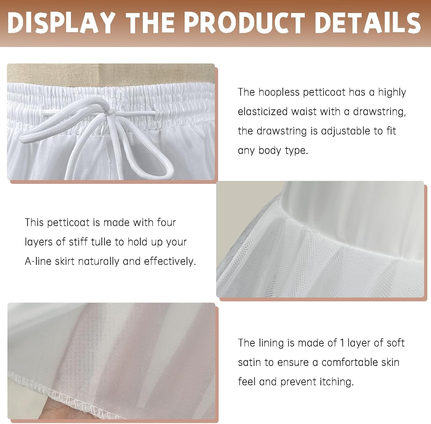 Women's Hoopless Petticoat 4 Layers Tulle Crinoline Underskirt Slips A-Line Floor Length Under Skirt to Make Dress Puffy for Bridal Wedding Dress Ball Gown White - Image 4