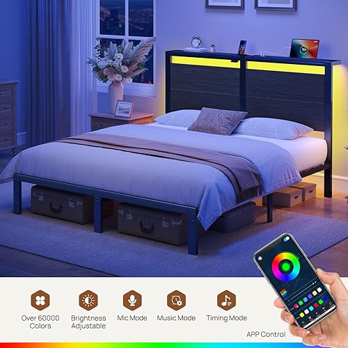 Miniatura 7 de Rolanstar Full Bed Frame with Headboard, Bed Frame Full with LED Lights, Camas Full Size Bed with Charging Station, Solid Metal Slats, Noise Free,