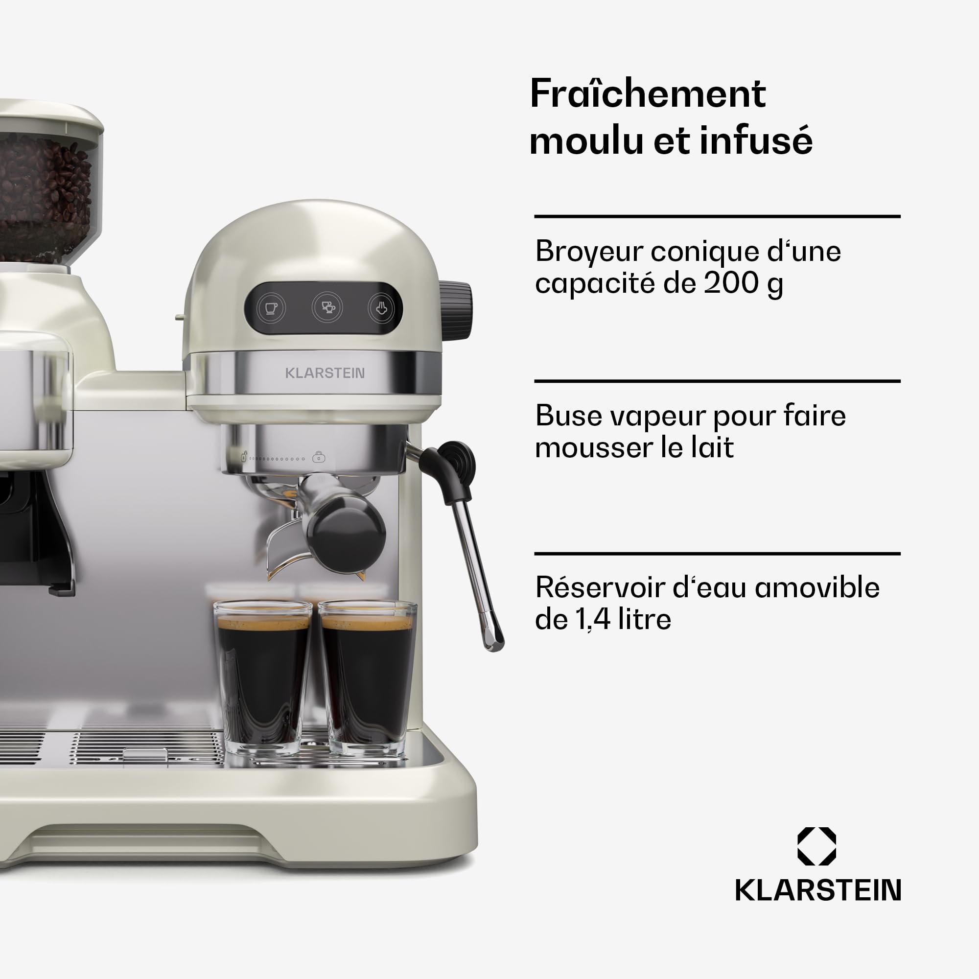 KLARSTEIN Bella Café Machine à café en grain – 19 Bars, 1550 W, Broyeur intégré 200 g, Mousseur à lait, Réservoir 1,4 L, Acier inoxydable, Design rétro, Crème