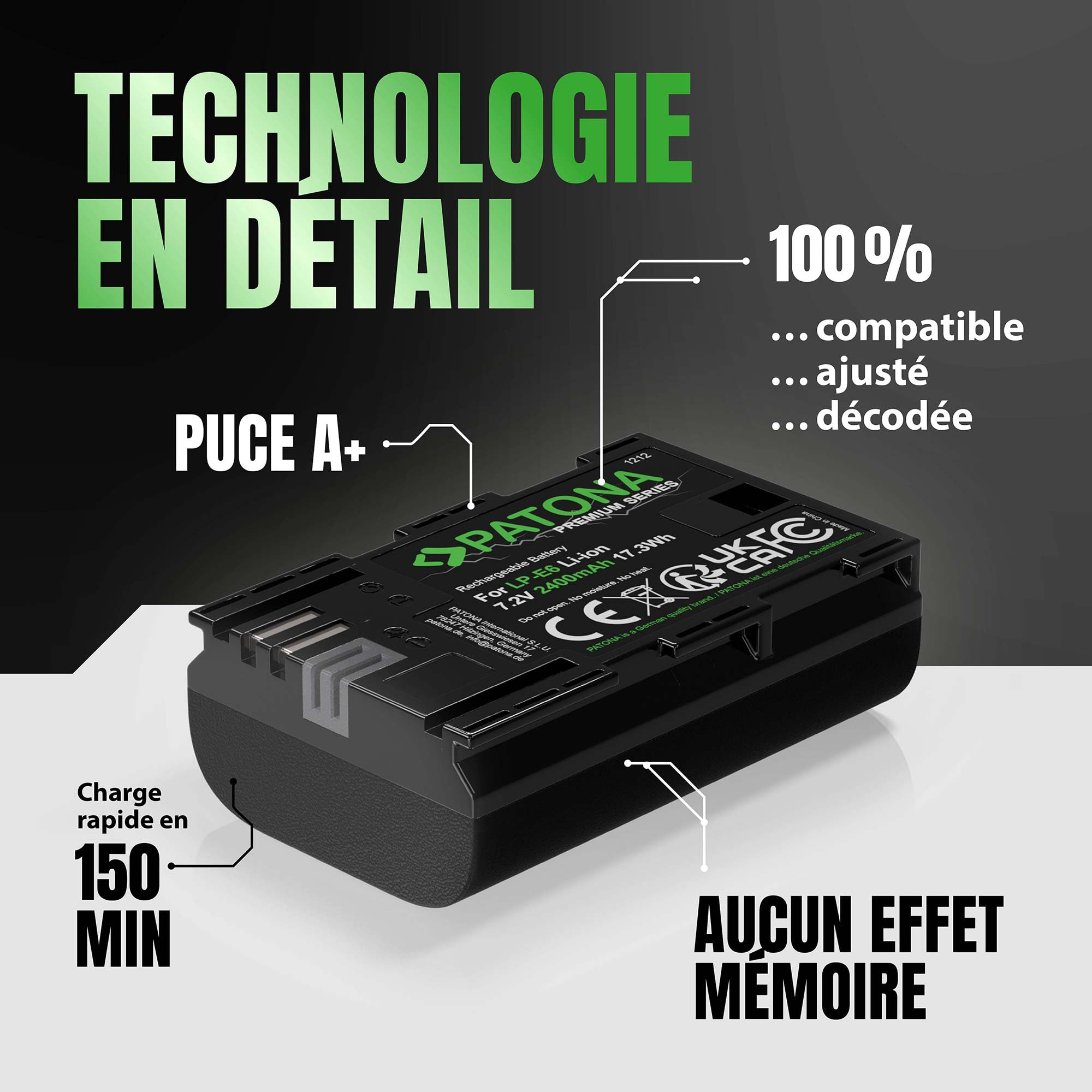 PATONA 2X Premium Batterie pour Canon LP-E6 LPE6 2400mAh | Batterie pour EOS 5D Mark II III IV 5DS R R5 6D 7D 60D 60Da 70D 80D 90D XC10 XC15 WFT-E5 E7, anti court-circuit