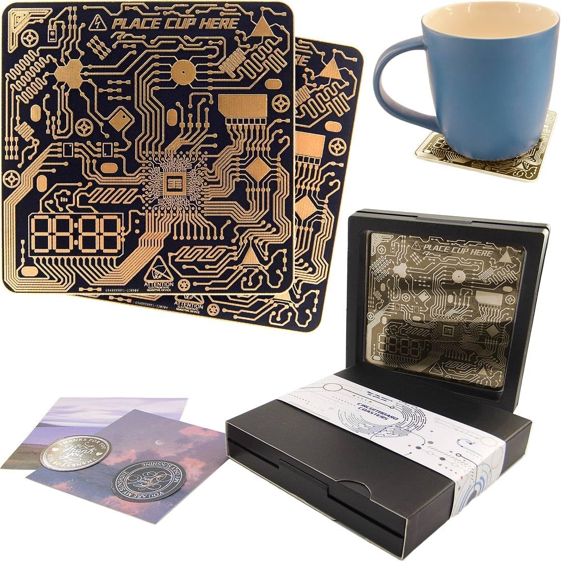 YJCX FLY 2XDrinks Coasters with Gift Box Packaging Circuit Board Craftsmanship Gold Plating Coasters for Drinks Office Decor Ideal for Coffee Tables Gamer Bars Perfect for Boyfriend Geeky Engineer Dad