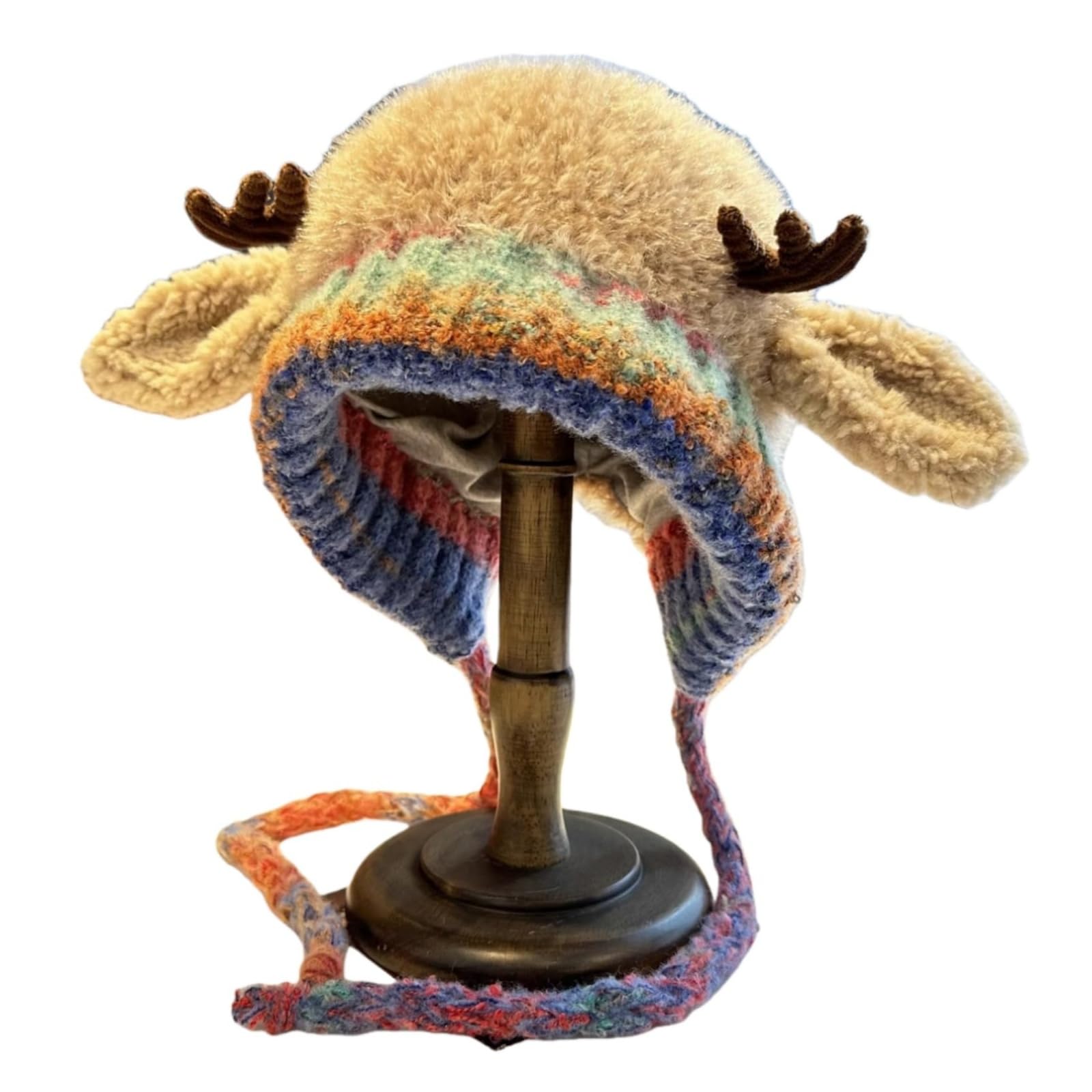 Generisch Cappello creativo 2 in 1 con corna, cappello natalizio lavorato a maglia con renna, caldo, pieghevole, con paraorecchie in peluche